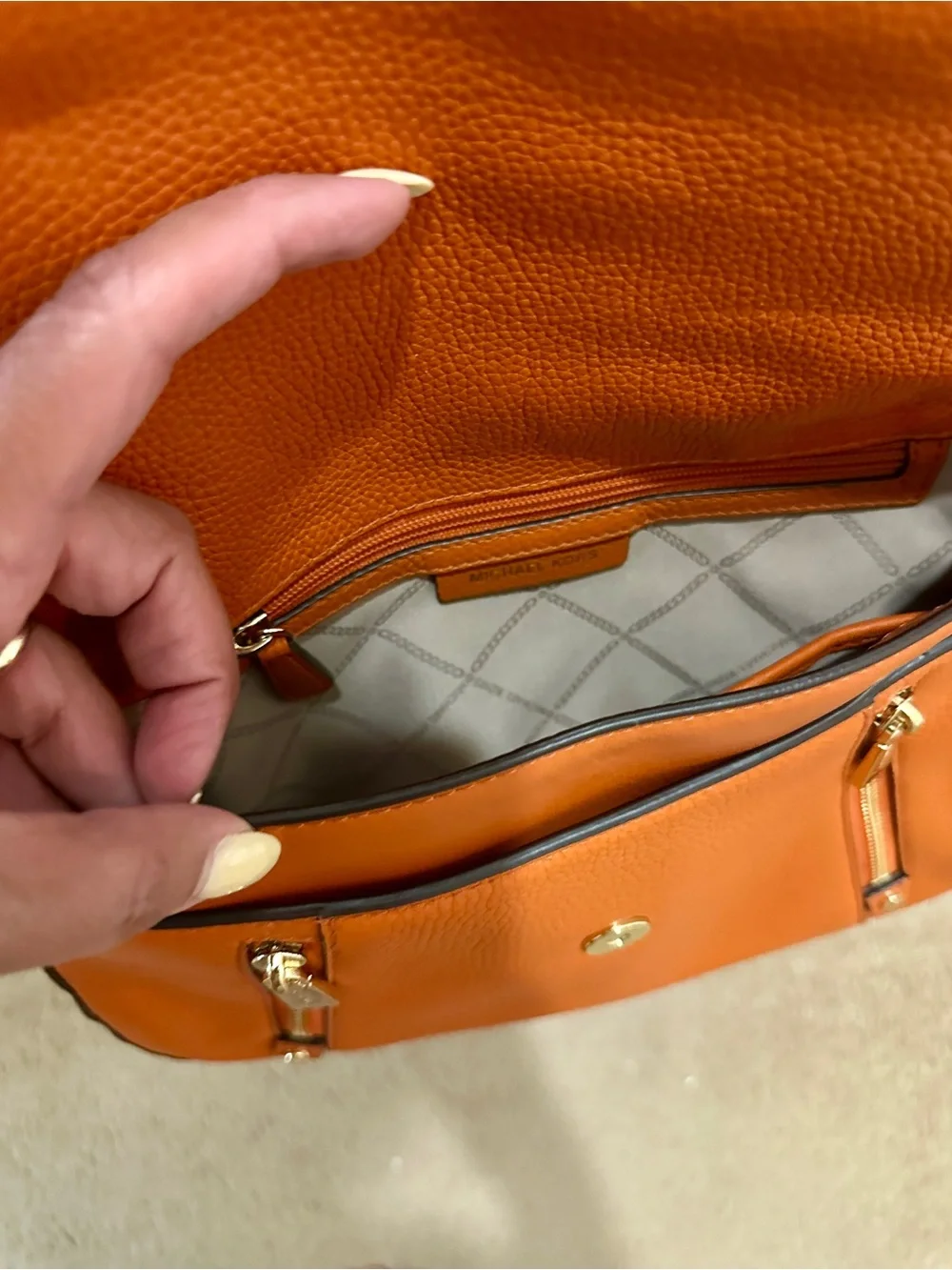 Michael Kors Orange Pebbled Leather Chain-Accent Shoulder Bag